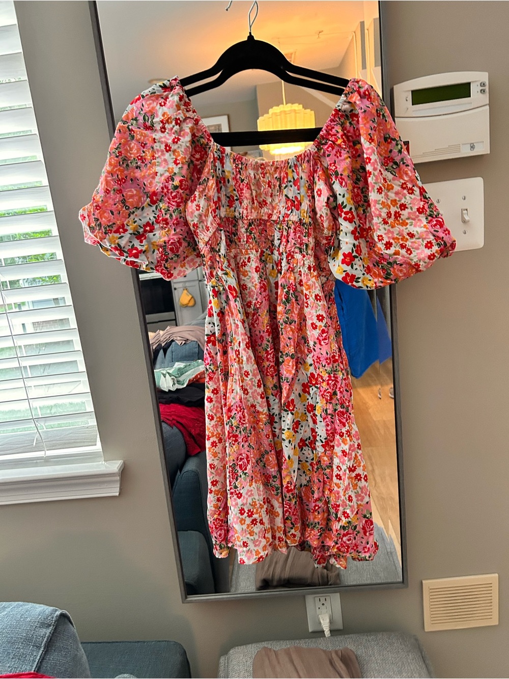 Angie Pink & Red Floral Puff-Sleeve Mini Dress Medium - Picture 2 of 4